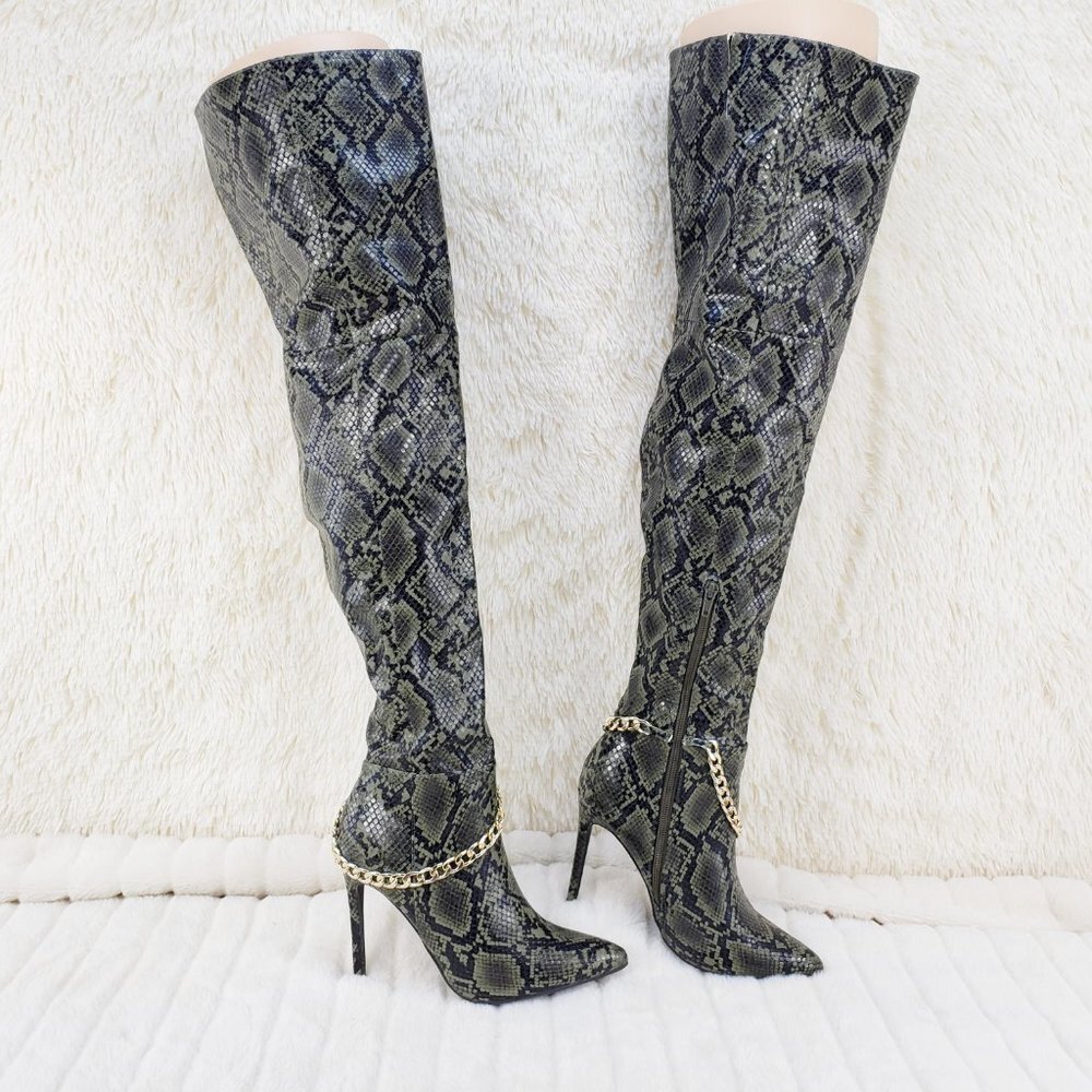 Chains Olive Green Snake Print Thigh high heel boots NEW